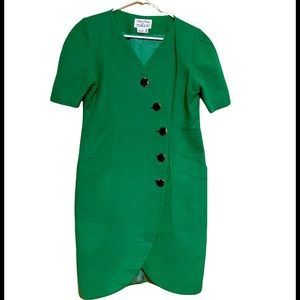 Quilted vintage green dress with black and gold buttons